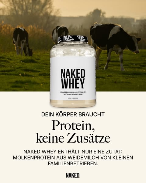 This image ad for Naked Whey features a jar of protein powder in a field with cows, emphasizing the natural and pure ing