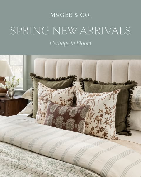 This ad showcases the McGee & Co. spring new arrivals, focusing on home decor items like pillows and bedding, sugges