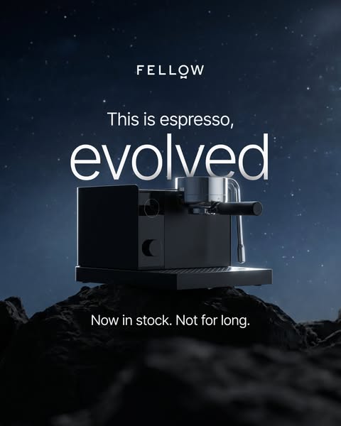 This image promotes the Fellow brand's espresso machine. The ad highlights the machine's design and implies inno
