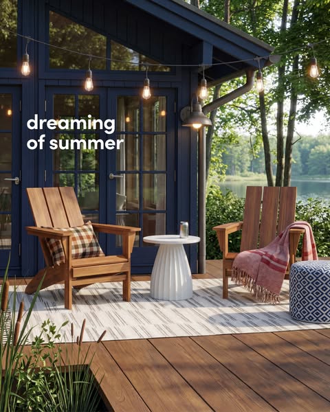 The image ad showcases an outdoor patio setting with wooden chairs and string lights, aiming to evoke a sense of summer 