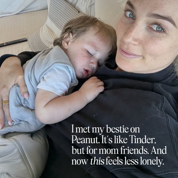 This ad features a woman holding a sleeping child. The ad promotes Peanut, an app that connects moms with other moms. Th