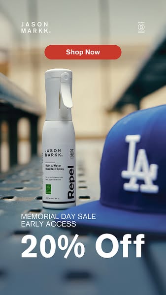 This ad promotes Jason Markk Repel stain and water resistant spray. It highlights the Memorial Day Sale with early acces