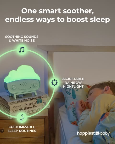 This ad promotes the Happiest Baby smart soother, highlighting its soothing sounds, white noise, adjustable rainbow nigh