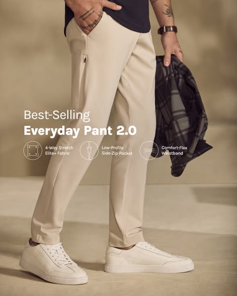 This image ad showcases the 'Everyday Pant 2.0' and highlights its key features, such as 4-way stretch fabric, l