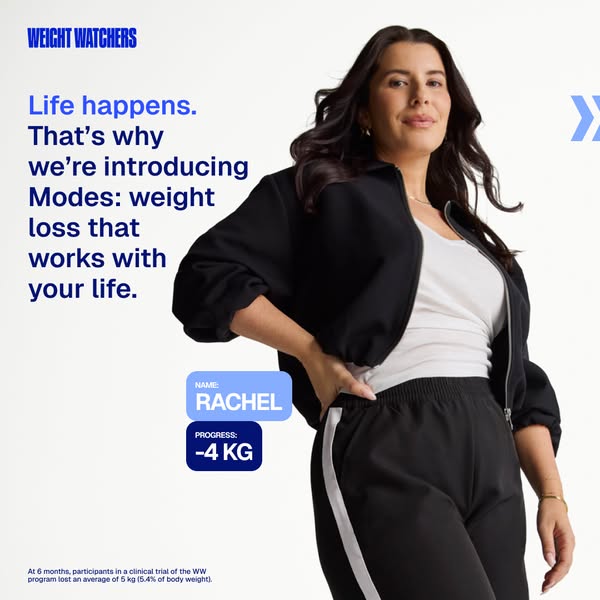The ad introduces Weight Watchers' new program, Modes, and features a woman named Rachel who has lost 4 kg on the pr