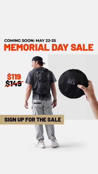 The ad announces an upcoming Memorial Day sale and encourages viewers to sign up for updates. The primary product shown 