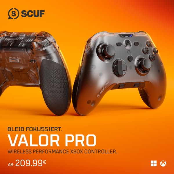 This ad showcases the SCUF Valor Pro wireless performance Xbox controller. The ad highlights the controller's design