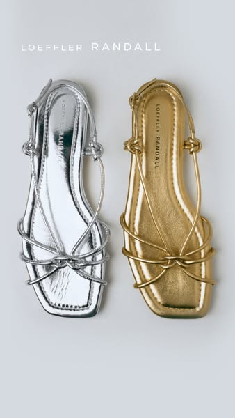 A product showcase featuring Loeffler Randall sandals in two different metallic finishes, positioned side-by-side to hig