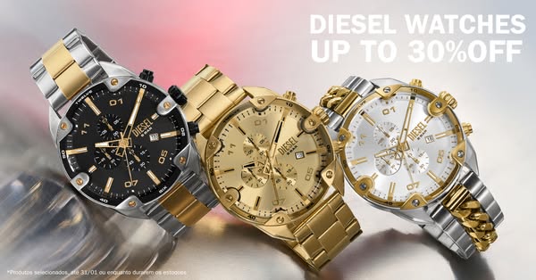 This image ad showcases a range of Diesel watches with a promotional offer of up to 30% off. The ad aims to attract atte