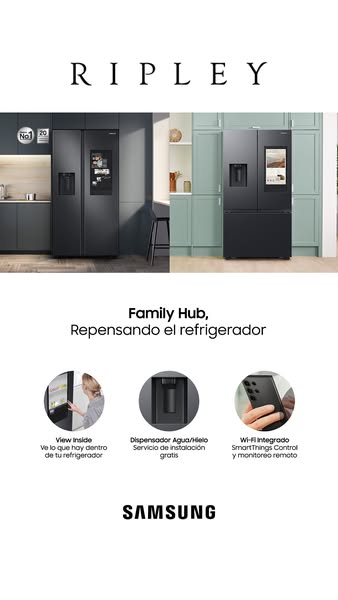 This ad for Samsung refrigerators sold by Ripley promotes the Family Hub refrigerators and their features with a focus o
