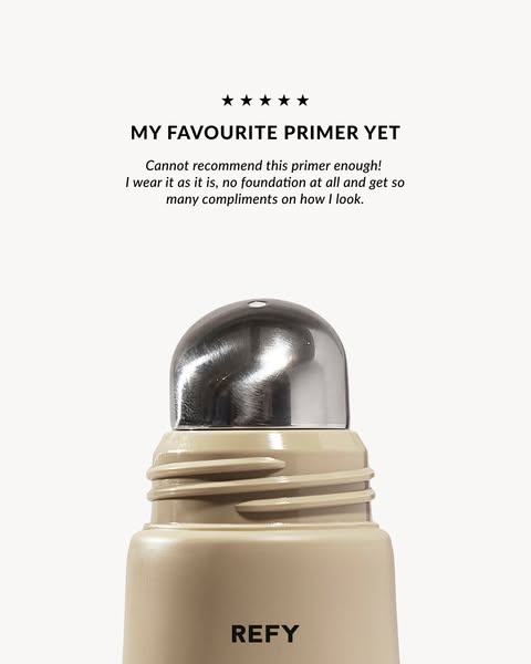 This ad features a close-up product shot of the REFY primer. The testimonial copy highlights how the user loves to use t