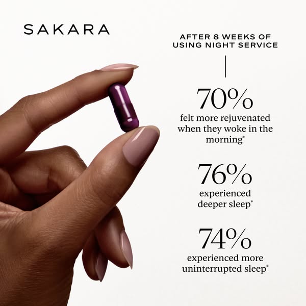 This ad for Sakara Night Service capsules features a person holding a single capsule and highlights the positive results