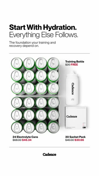 An advertisement for Cadence electrolyte products. The ad features 24 electrolyte cans, 30 sachet pack, and a free train