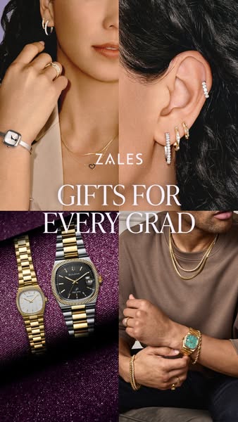 This ad for Zales features a collage of images showcasing watches, rings, necklaces, and earrings. The ad's headline