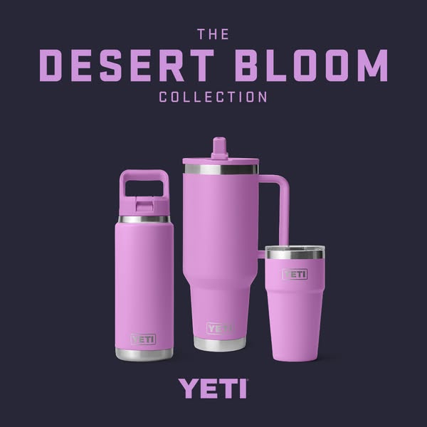 This ad showcases Yeti's Desert Bloom collection, featuring three of its popular drinkware products in a matching co