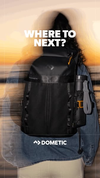 This ad features a person wearing a Dometic backpack against a blurred beach scene at sunset. The ad uses a question to 