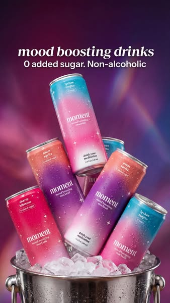 This ad showcases mood boosting drinks in a variety of flavors. The drinks are presented in a bucket of ice and the ad h