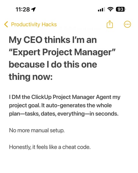 This ad promotes ClickUp's Project Manager Agent by showing a screenshot of a note where the user claims their CEO t