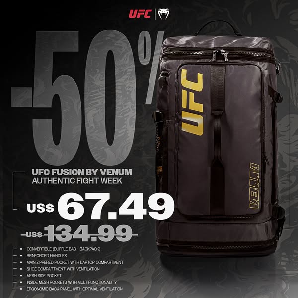 This ad showcases the UFC Fusion by Venum bag and its various features. The ad highlights a 50% discount for Authentic F