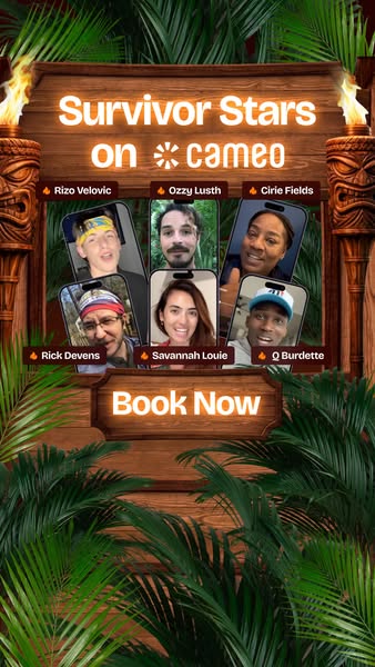 This ad for Cameo promotes a limited-time opportunity to book video messages from stars of the TV show Survivor. The ad 