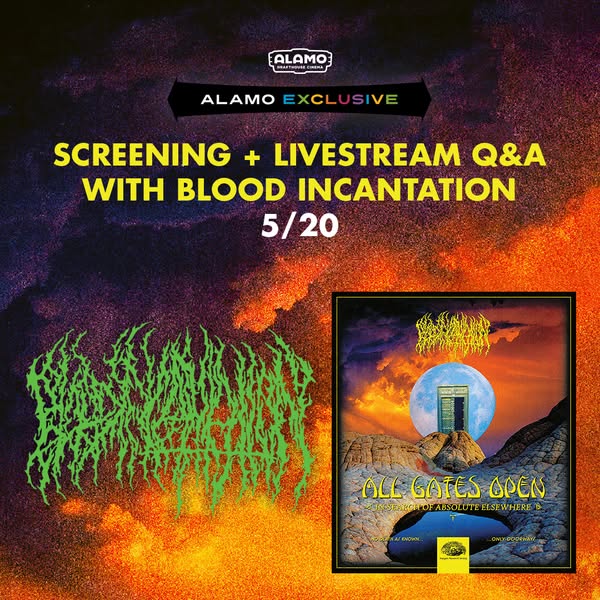 This image advertises an event that features a screening, a livestream, and a Q&A session with Blood Incantation, a 