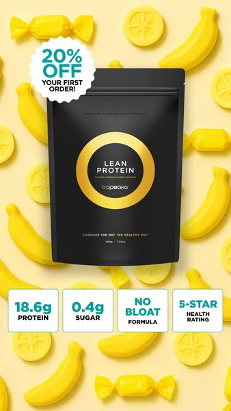 This ad promotes Tropeaka's Lean Protein powder in a natural banana candy flavor. It highlights the product's ke