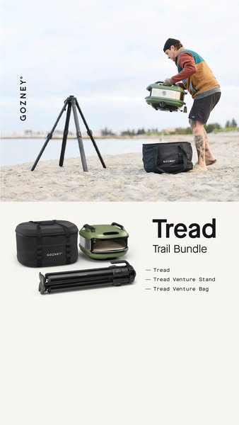 This image ad showcases the Gozney Tread Trail Bundle, highlighting its portability and design for outdoor cooking. The 
