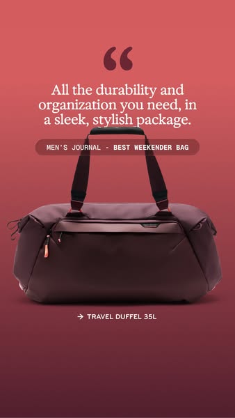 This image ad showcases a travel duffel bag, emphasizing its durability, organization, and stylish design. The ad featur