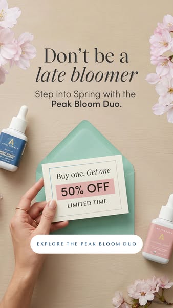 This image ad features a buy-one-get-one 50% off deal for the Peak Bloom Duo. The overall tone is seasonal and inviting,