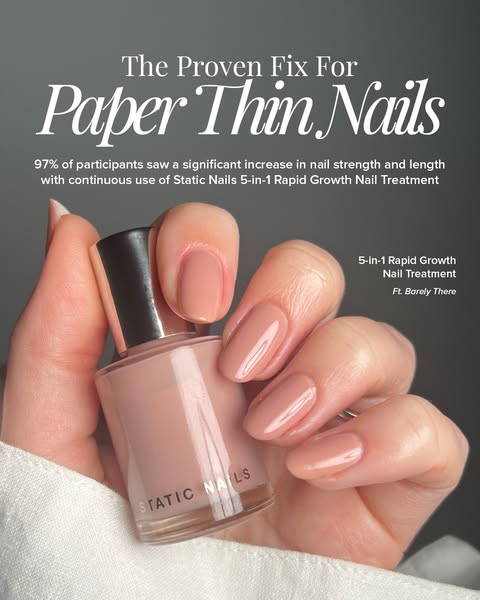 This image ad for Static Nails highlights the benefits of their 5-in-1 Rapid Growth Nail Treatment for those with thin n