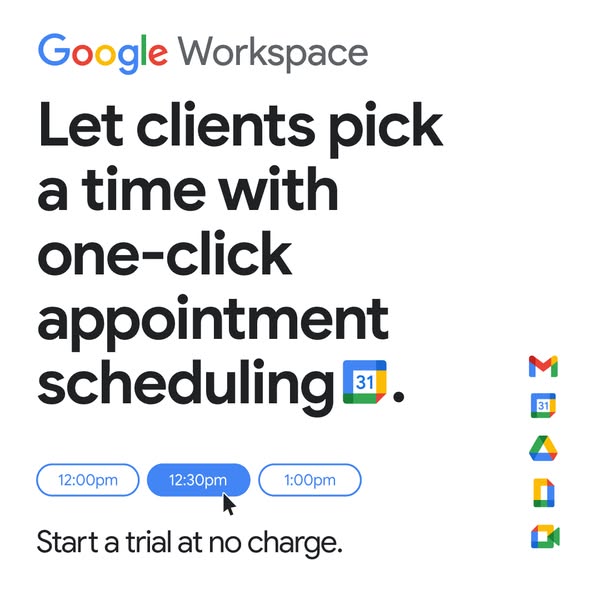 This ad promotes Google Workspace's one-click appointment scheduling feature, highlighting its ease of use and conve