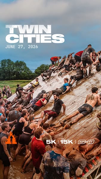 This image ad promotes the Twin Cities OCR event on June 27, 2026. It showcases a large group of participants climbing a
