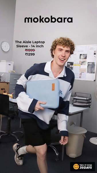 This ad features a male model promoting the Mokobara Aisle Laptop Sleeve - 14 inch, highlighting its price and a 30-day 