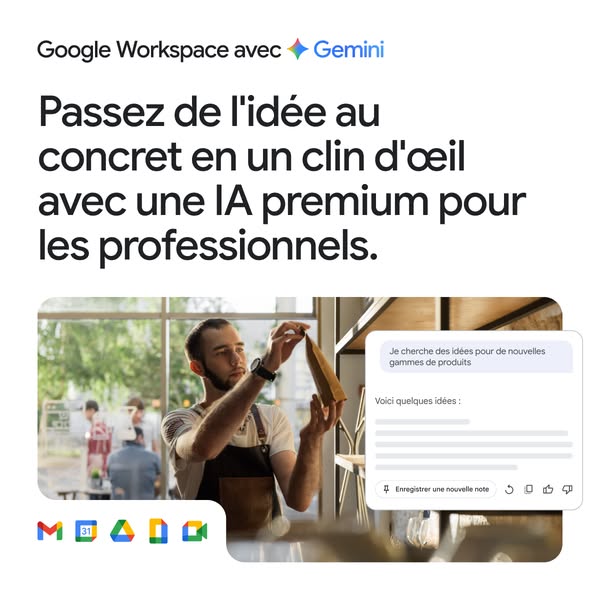 This ad shows how Google Workspace with Gemini can help professionals turn ideas into reality. It shows a man working in