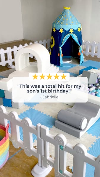 An image ad featuring a testimonial about a children's play area. The ad uses a positive customer review, visual exa