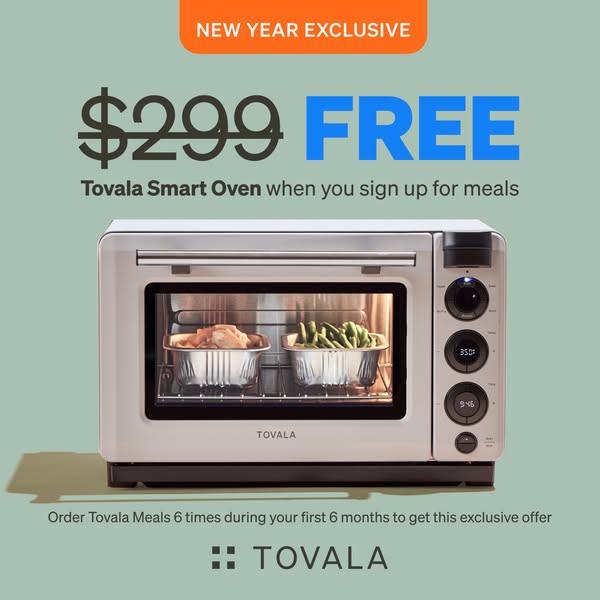 This ad promotes the Tovala Smart Oven by offering it for free when customers sign up for meals. It emphasizes convenien