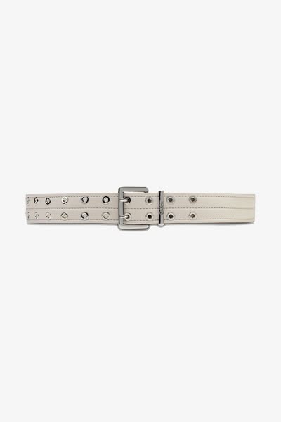This ad features a single product shot of a white belt with silver grommets and a silver buckle on a white background.