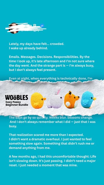 An image ad for The Woobles features a long-form caption sharing a personal story about being over-scheduled and disconn