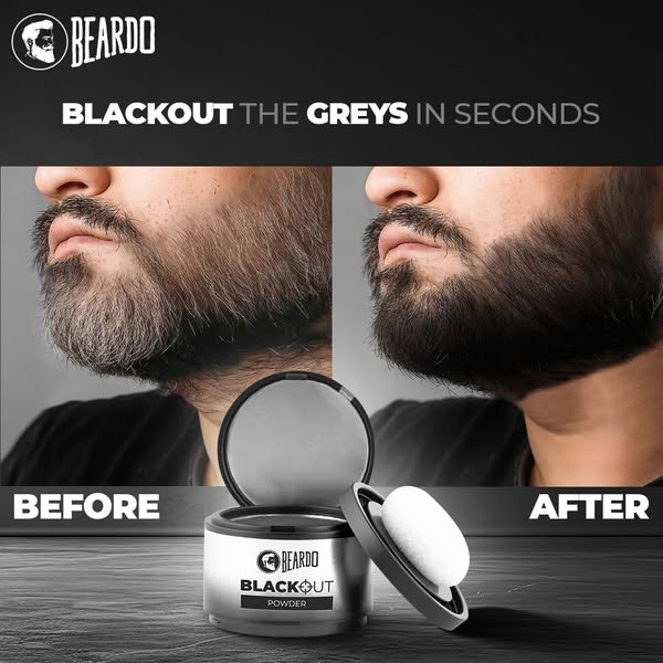 This image ad for Beardo Blackout Powder shows a before and after comparison of a man with a grey beard and a man with a