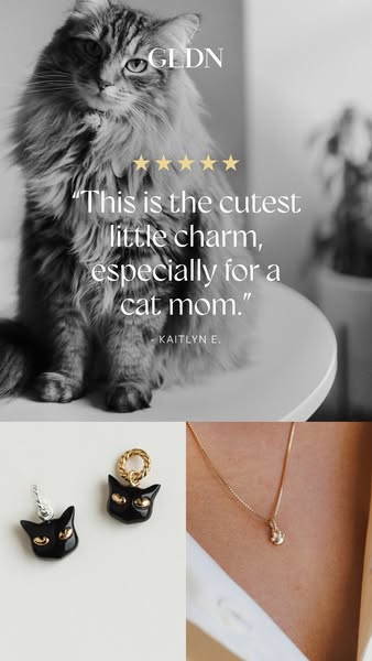 This ad features a customer testimonial about a GLDN cat charm necklace, accompanied by visuals of the charm and a cat.