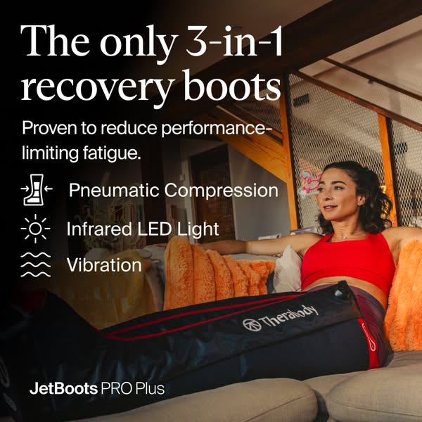 An ad for Therabody's JetBoots PRO Plus uses a lifestyle image of a woman sitting on a couch wearing the boots, and 