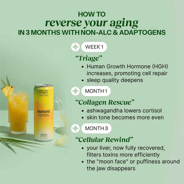 This image ad promotes a non-alcoholic adaptogen drink by illustrating its benefits over a 3-month period. It highlights