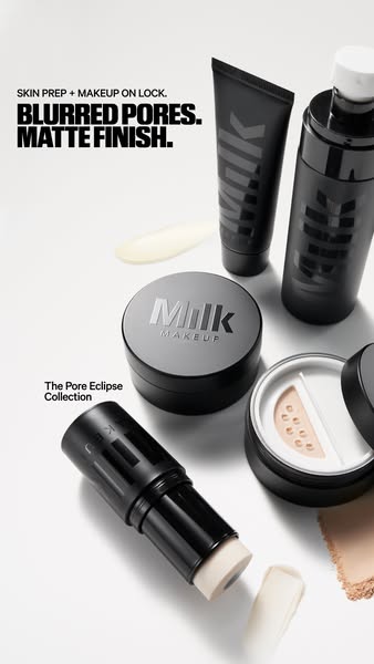 This image ad showcases Milk Makeup's Pore Eclipse Collection, emphasizing blurred pores and a matte finish. It high
