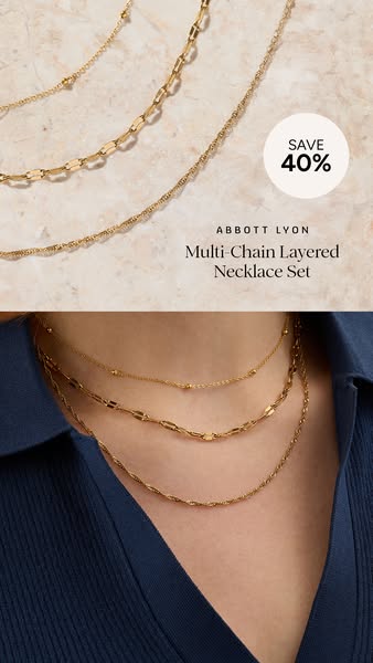 The ad showcases a layered multi-chain necklace set from Abbott Lyon and promotes a 40% discount on the product.