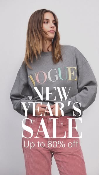 This image ad promotes a New Year's sale, offering up to 60% off. It features a model wearing a gray sweatshirt with