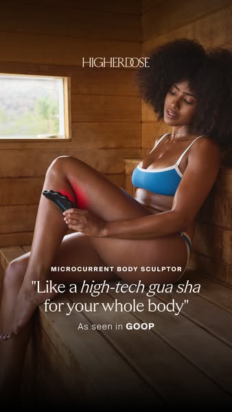 This ad features a woman in a sauna using the Higherdose Microcurrent Body Sculptor. The ad positions the product as a h