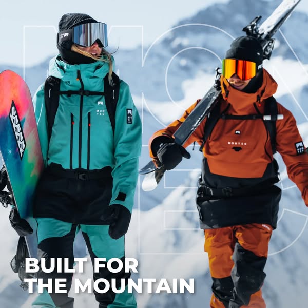 An image ad for Montec featuring a man and a woman on a snowy mountain. The woman is carrying a snowboard while the man 