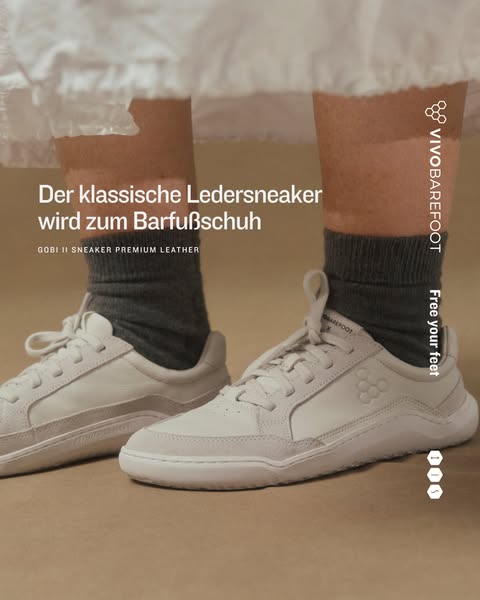 This ad showcases the GOBI II SNEAKER PREMIUM LEATHER from VIVOBAREFOOT, highlighting its classic leather sneaker design