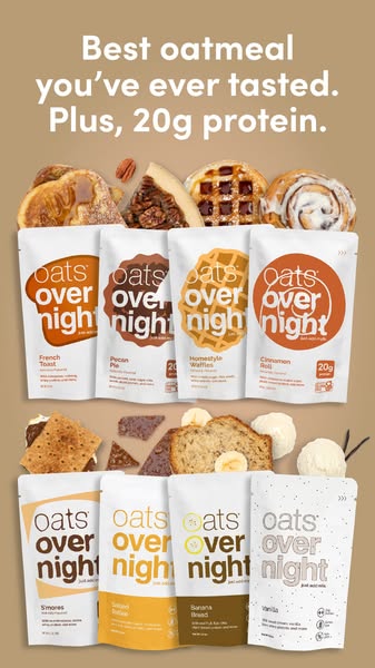 This image ad for Oats Overnight presents a visually appealing display of their oatmeal flavors. The ad showcases a vari