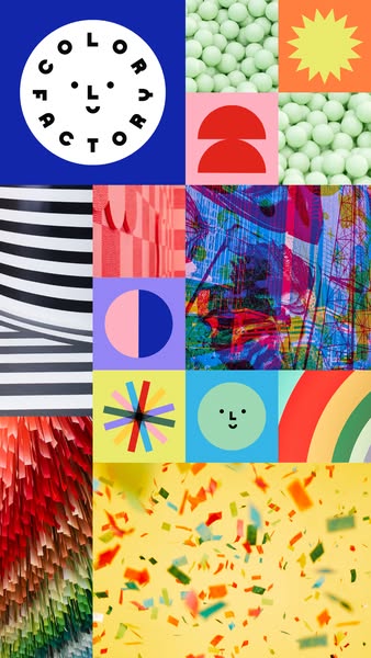 This ad features a grid collage of various visually appealing images and abstract designs, all unified by a bright and p